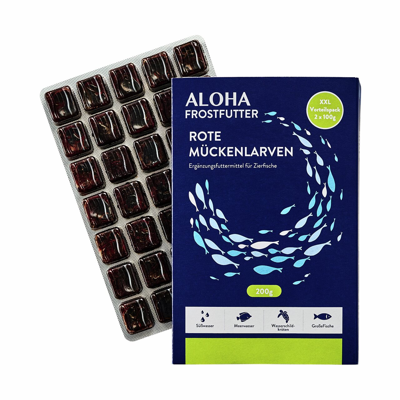 Das Bild zeigt die Verpackung des Produkts „ALOHA Frostfutter Rote Mückenlarven“, ein Ergänzungsfuttermittel für Zierfische. Es handelt sich um ein XXL-Vorteilspack mit 2 x 100 g, insgesamt 200 g. Geeignet für Süßwasser- und Meerwasserfische, Wasserschild