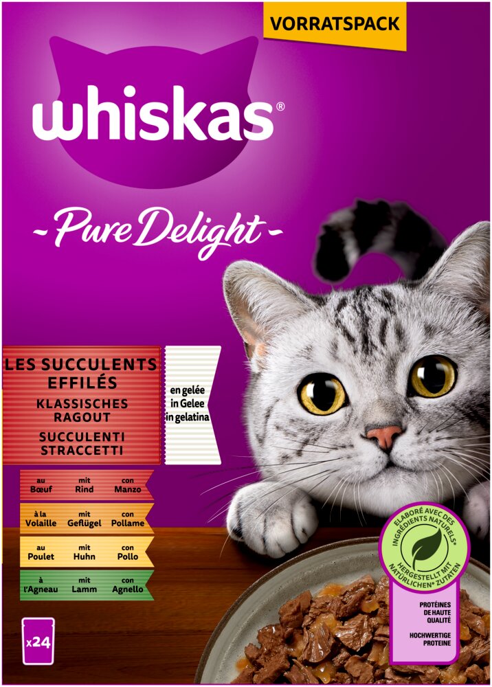 Whiskas Pure Delight Nassfutter f. Katzen, 24x in Gelee, Geschmacksr.: Rind, Geflügel, Huhn, Lamm, mit Proteinen & natürlichen Zutaten.