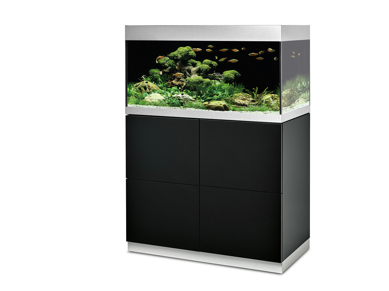 Oase HighLine Aquarium 200, 200 L, für Süßwasserfische, modernes Design, schwarzer Unterschrank, silberner Rahmen, ideal für Zierfische.