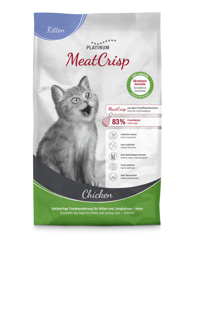 PLATINUM MeatCrisp Chicken, Katzenfutter für Kätzchen-junge Katzen, Huhn, 83 % Frischfleisch, ohne Lockstoffe-Tierversuche, Akzeptanzgarantie.