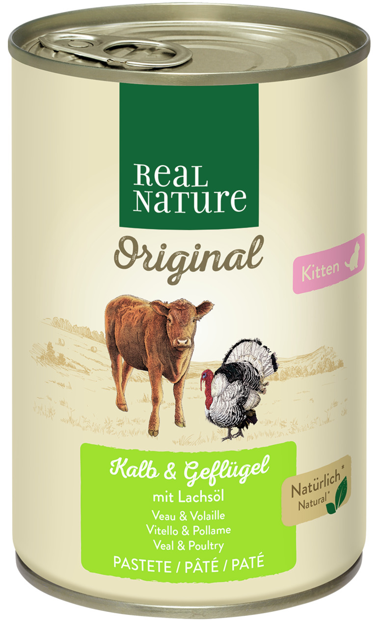 Real Nature Original Katzenfutter für Kitten, Kalb & Geflügel mit Lachsöl, geeignet für Kätzchen, ohne Mengenangabe.