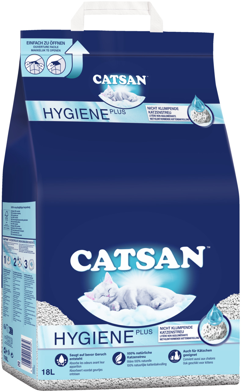 Catsan Hygiene Plus Katzenstreu, nicht klumpend, 18L, hohe Saugfähigkeit, bindet Gerüche, 100% natürliche Materialien, für Katzen-Kätzchen.
