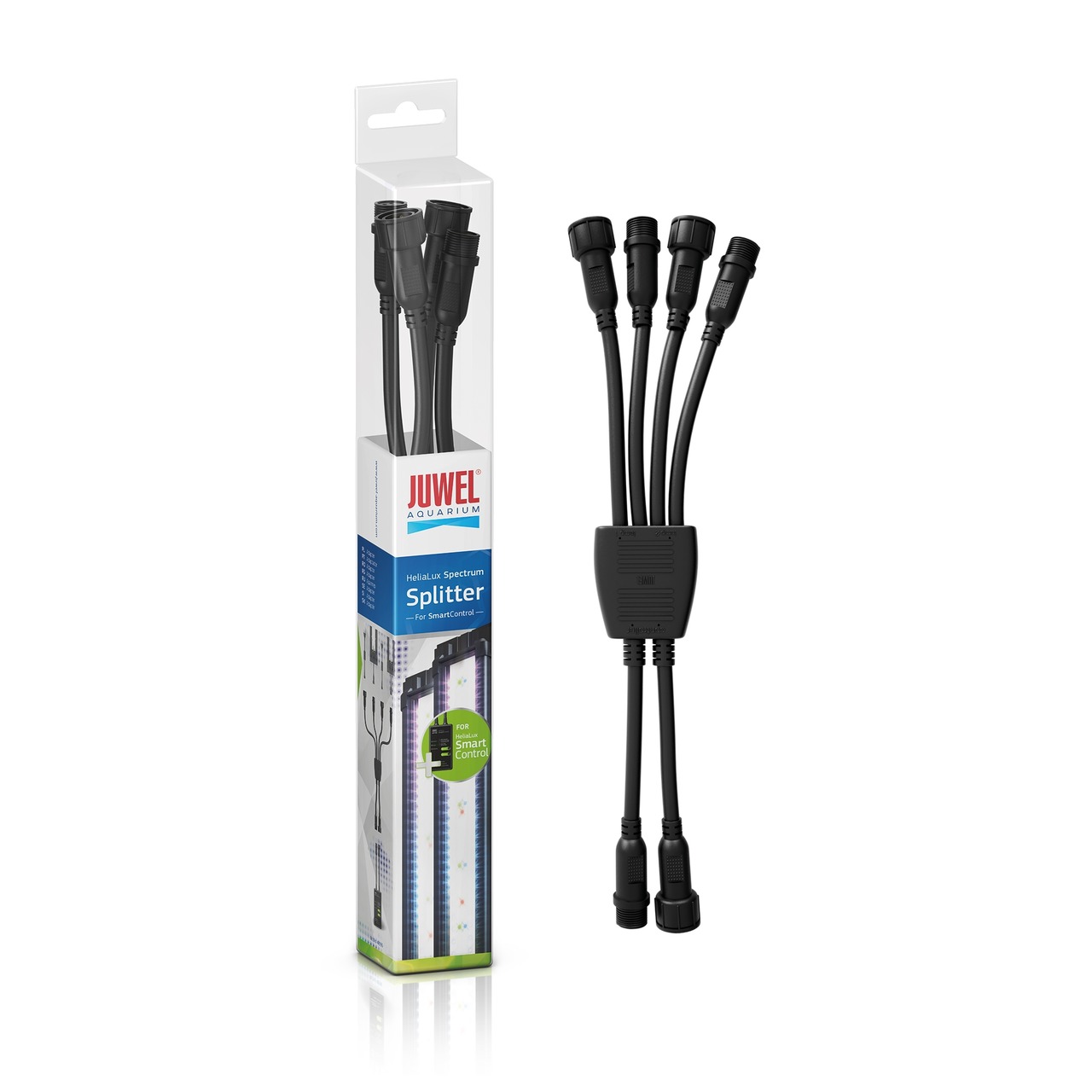 Das Bild zeigt den JUWEL HeliaLux Spectrum Splitter, ein Zubehör für Aquarienbeleuchtung. Der Splitter ermöglicht die gleichzeitige Steuerung von zwei HeliaLux LED-Leuchten über den SmartControl. Zielgruppe sind Aquarienbesitzer, die ihre Beleuchtung opti