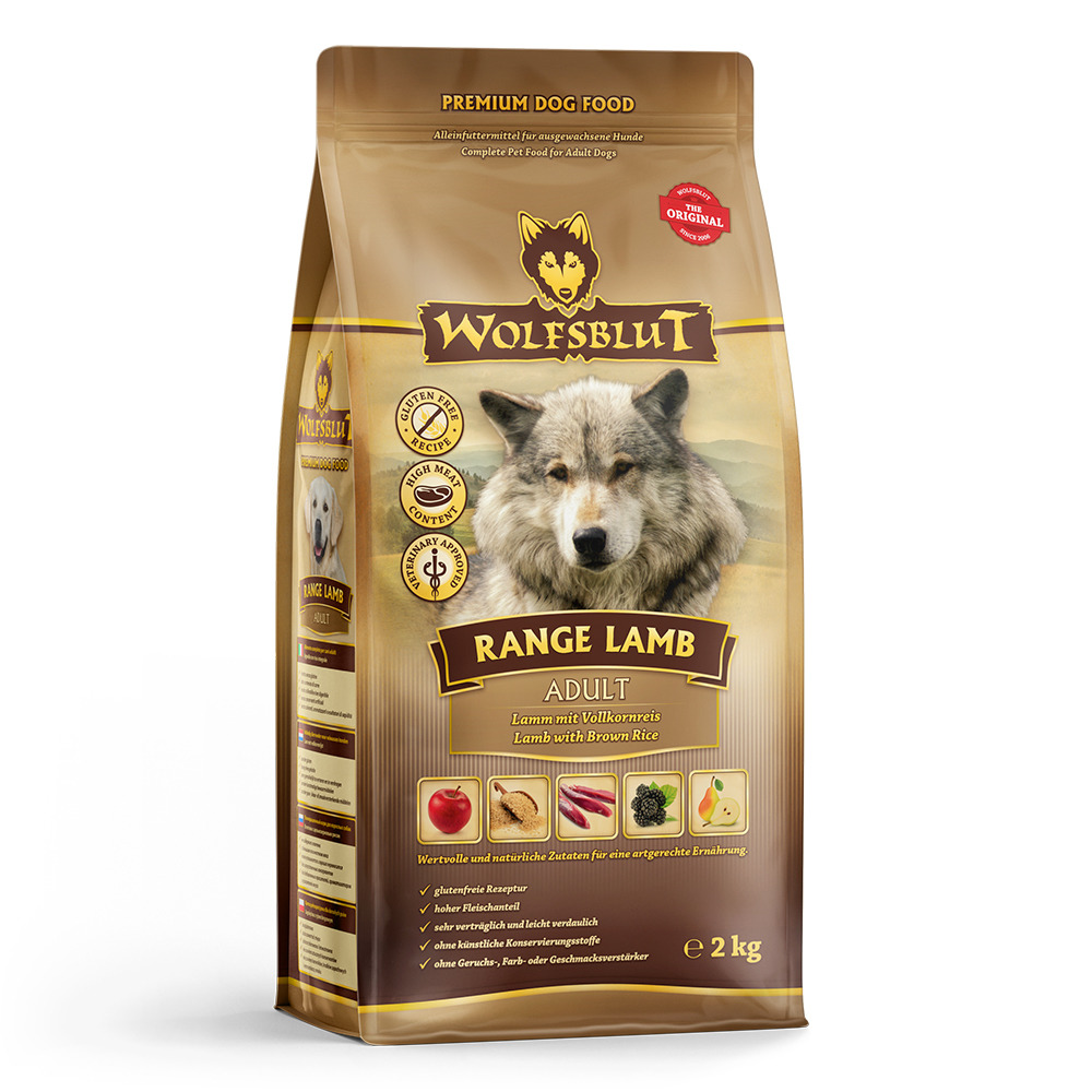 WOLFSBLUT Range Lamb Adult: Premium-Trockenfutter f. Hunde, Lamm & Vollkornreis, glutenfrei, hoher Fleischanteil, 2 kg.