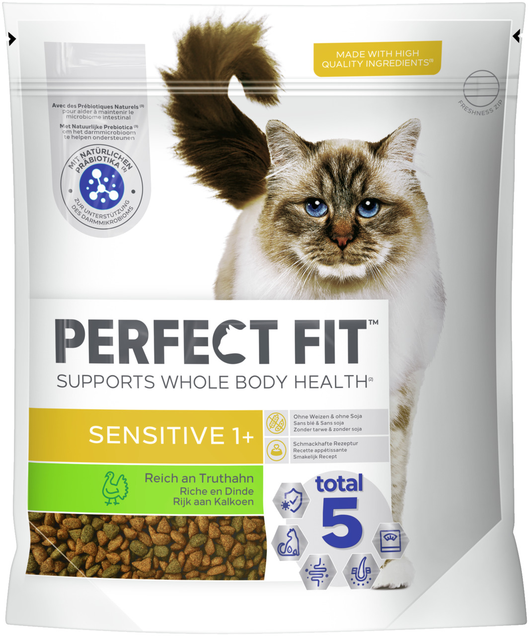 Das Bild zeigt eine Verpackung des Katzenfutters „Perfect Fit Sensitive 1+“ für ausgewachsene Katzen ab einem Jahr. Die Geschmacksrichtung ist Truthahn, und das Produkt ist speziell für empfindliche Katzen entwickelt. Es enthält keine Weizen- oder Sojapro