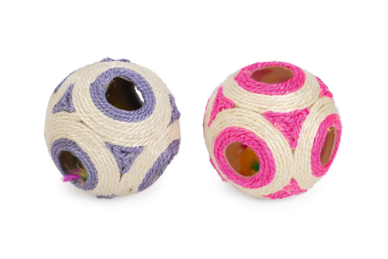 Karlie Spielbälle für Katzen, Sisal, Lila/Pink, mit Öffnungen für Spielzeug/Leckerlis, fördern Neugier & Spieltrieb, 2 Stück.
