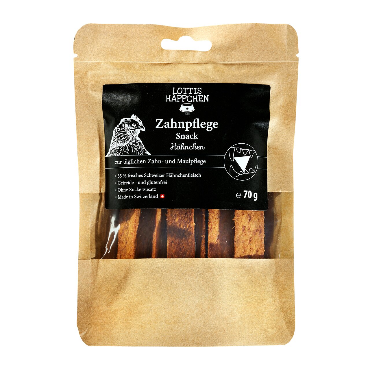 LOTTIS HÄPPCHEN Zahnpflege Snack, Hund, Hähnchen, getreidefrei, 85% Schweizer Hähnchen, ohne Zuckerzusatz, 70 g.