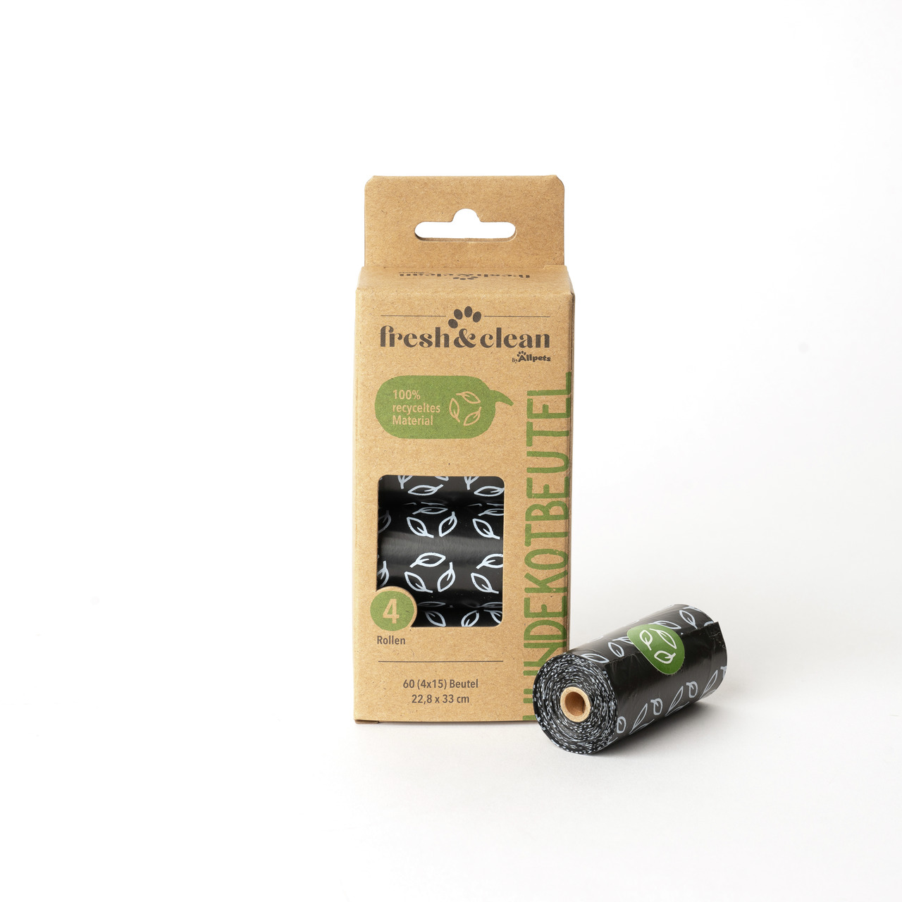 Allpets fresh & clean Hundekotbeutel, für Hundebesitzer, 100 % recycelt, 4 Rollen/60 Beutel, Maße: 22,8 x 33 cm.