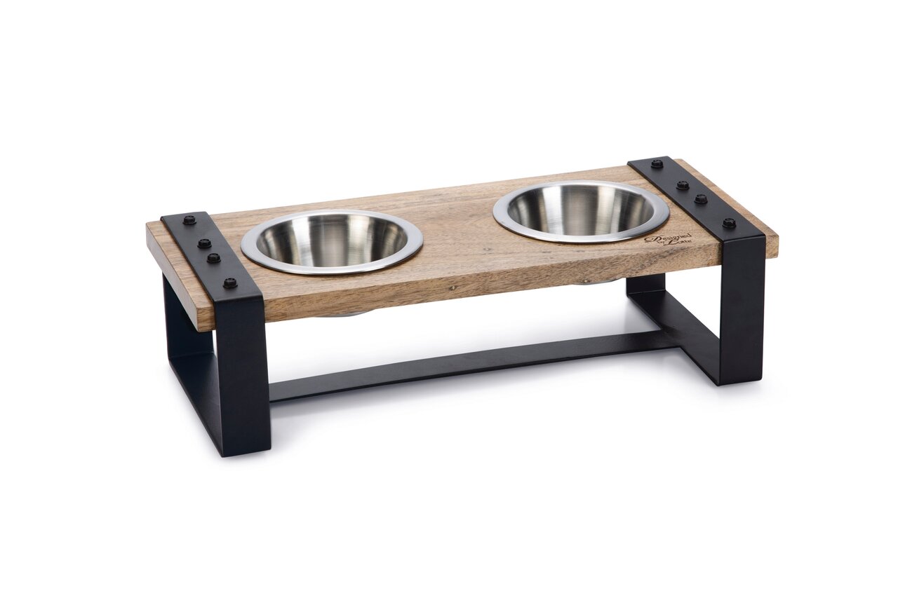 Futternapf-Set „Designed by Lotte“ für Hunde, 2 Edelstahl-Näpfe im Holzgestell, stilvoll, langlebig, leicht zu reinigen.