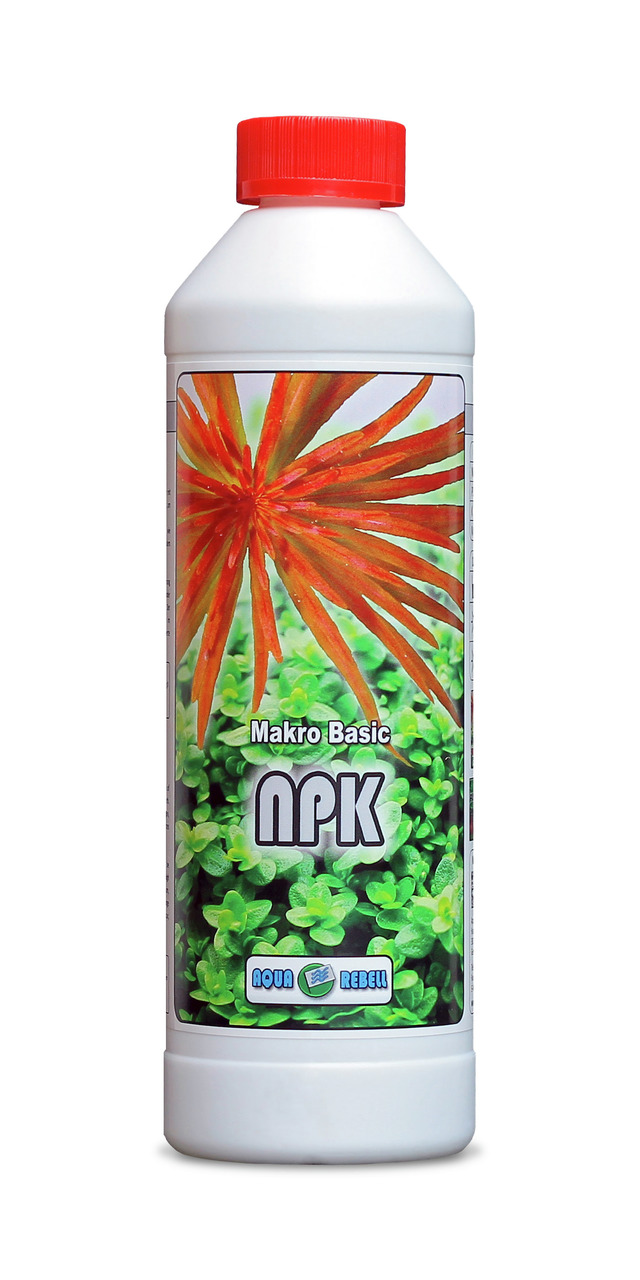 Aqua Rebell Makro Basic NPK, 500 ml, für Aquarienbesitzer, fördert Pflanzenwachstum, rote Wasserpflanze+grüne Blätter auf Etikett.