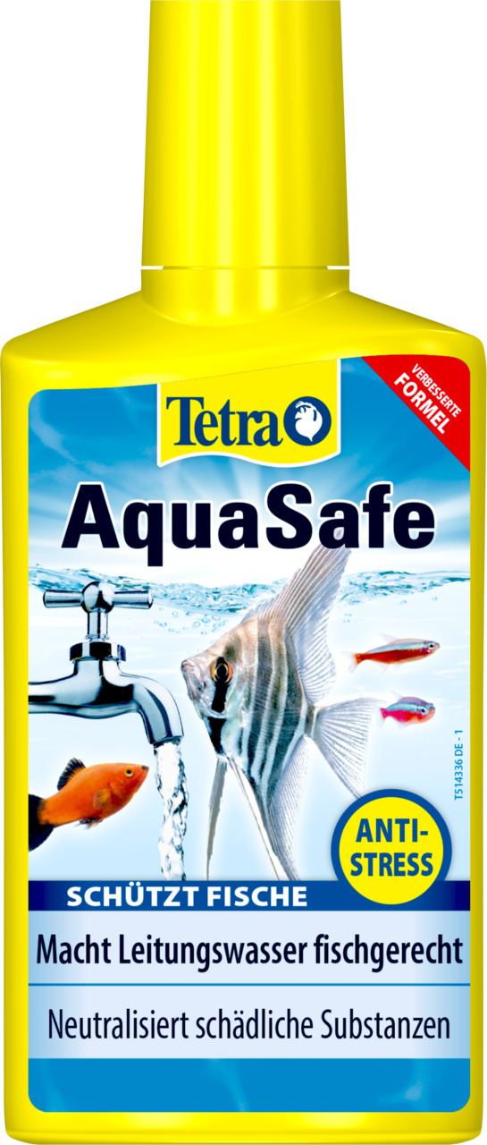 Tetra AquaSafe, Wasseraufbereitungsmittel f. Aquarien, schützt Fische, neutralisiert Schadstoffe, Zielgruppe: Aquarienbesitzer.