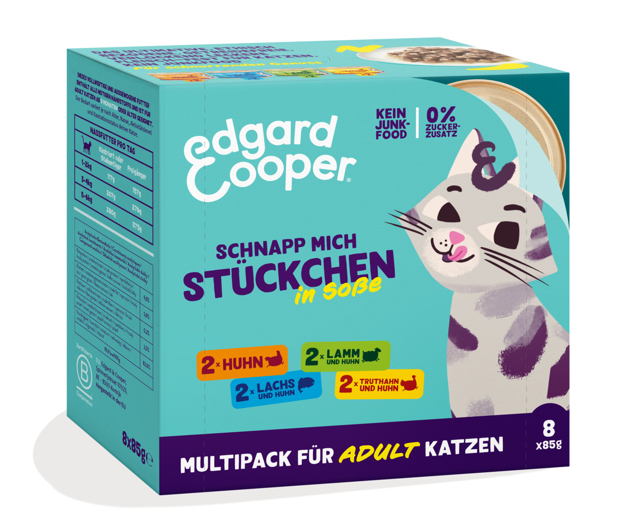 Edgard & Cooper Schnapp mich – Stückchen in Soße, für erw. Katzen, 8x85g, Geschm.: Huhn, Lachs&Huhn, Lamm&Huhn, Truthahn&Huhn, ohne Zucker.
