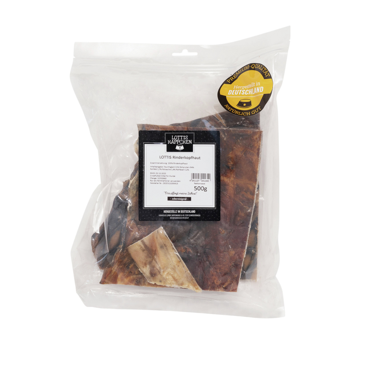 LOTTIS HÄPPCHEN Rinderkopfhaut, 500 g, für Hunde, Geschmacksrichtung Rind, Premium-Qualität, „Hergestellt in Deutschland“.