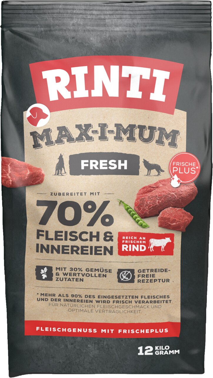 RINTI Max-i-mum Fresh Trockenfutter, für Hunde, Geschmacksrichtung Rind, getreidefrei, 12 kg, 70% Fleisch und Innereien.