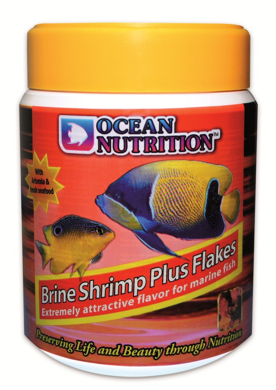 Ocean Nutrition Brine Shrimp Plus Flakes, Futter f. Meerwasserfische, mit Artemia & Meeresfrüchten, schmackhaft, blaue Dose.