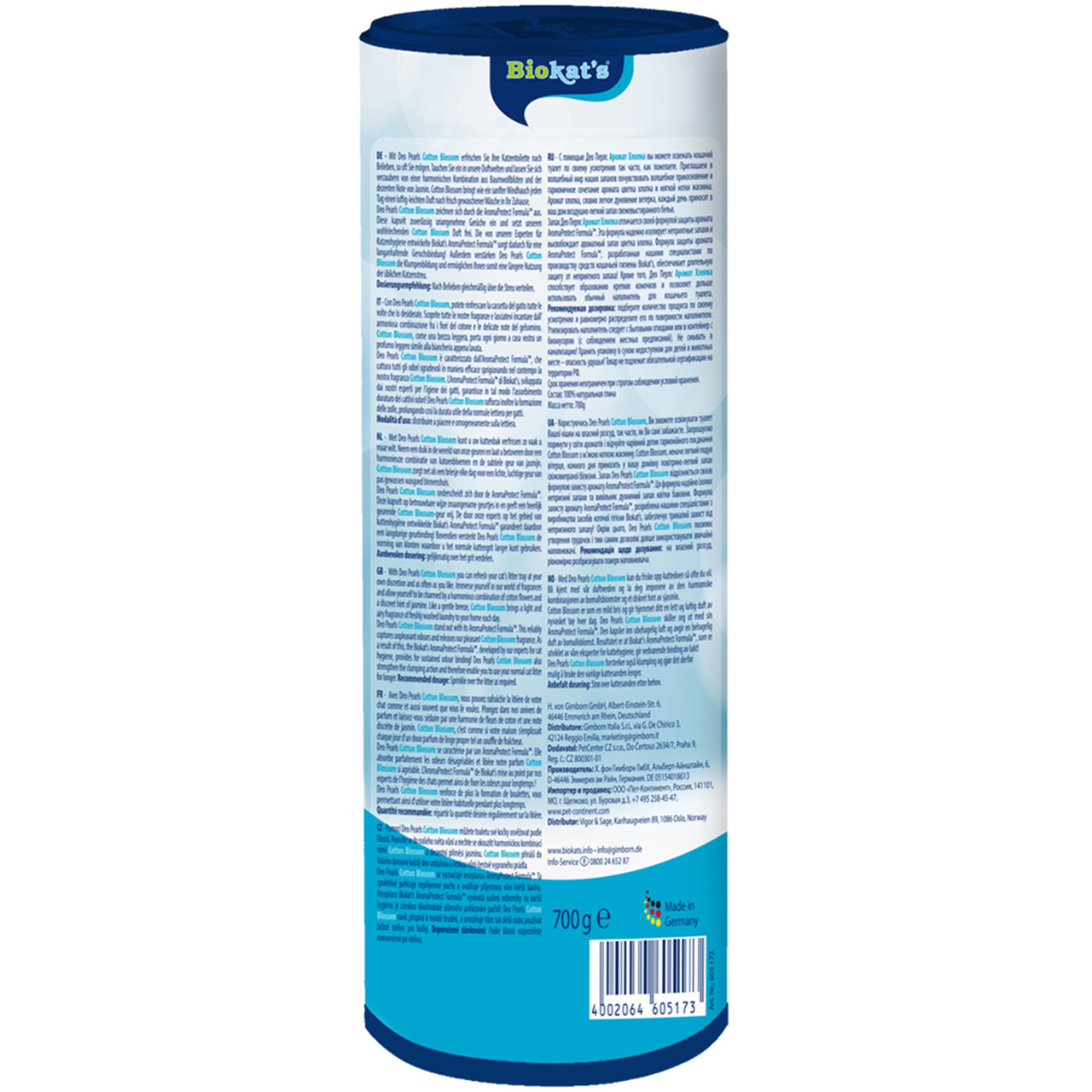 Das Bild zeigt eine zylindrische Verpackung des Produkts „Biokat's Micro Fresh“, einer Katzenstreu für die Zielgruppe Katzenhalter. Die Verpackung ist blau-weiß gestaltet und enthält detaillierte Produktinformationen in mehreren Sprachen. Unten ist die Me