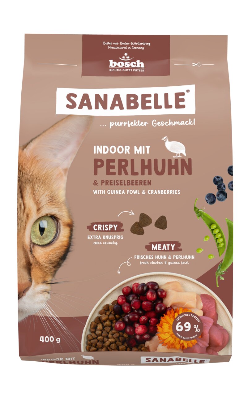 Bosch Sanabelle Indoor, 400 g, für Hauskatzen, Perlhuhn & Preiselbeeren, 69 % tierisches Protein, knusprig, gesund & schmackhaft.