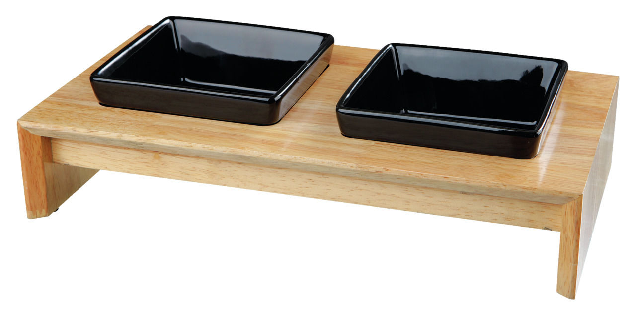 TRIXIE Napfständer, 2 schwarze Keramiknäpfe, Holzplattform, für Hunde & Katzen, ergonomisch, leicht zu reinigen.