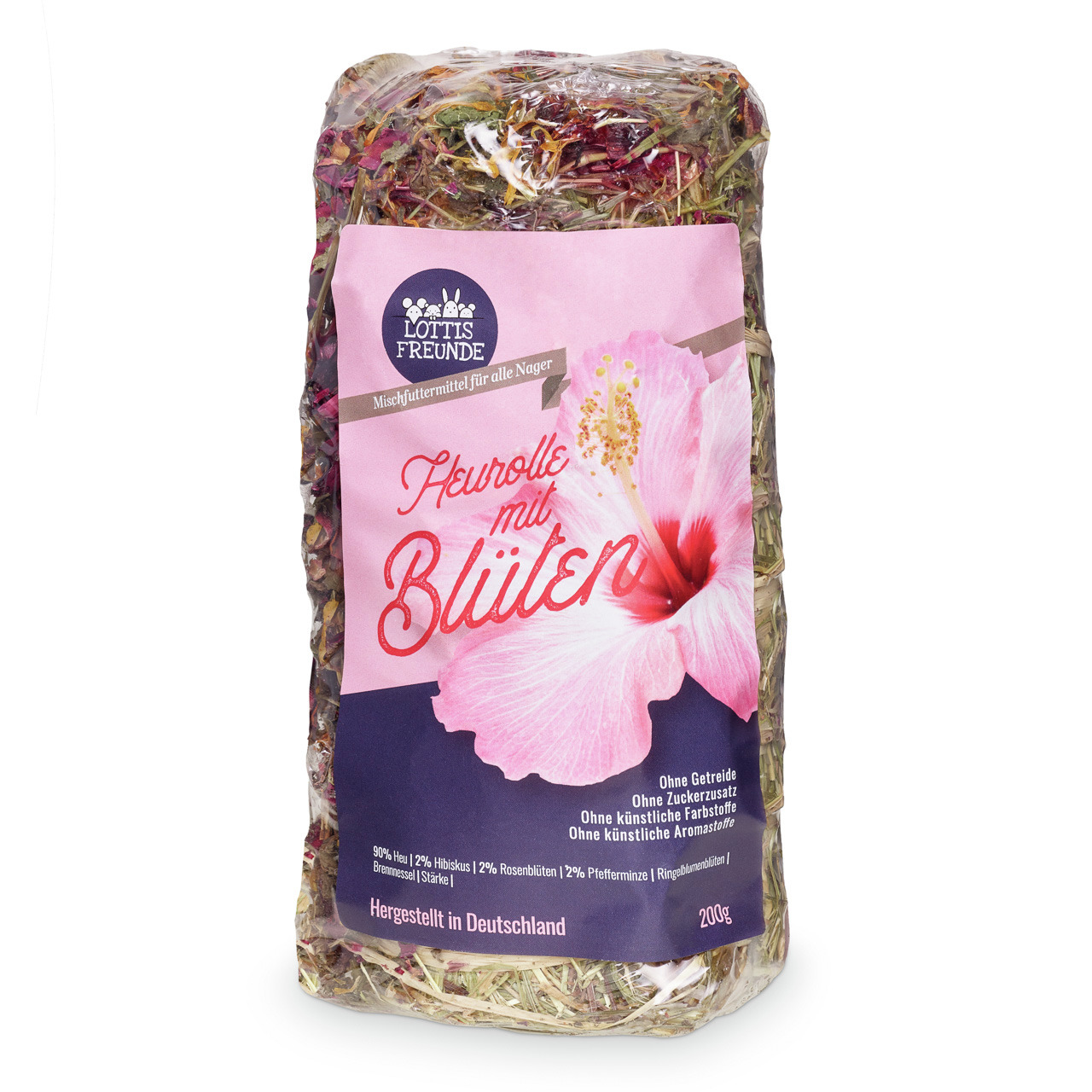 Lottis Freunde Heurolle mit Blüten, 200 g, für Nager, 90 % Heu, Hibiskus-, Rosen-, Ringelblumenblüten, ohne Getreide, Zuckerzusatz, Farbstoffe.