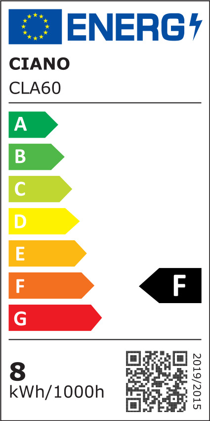 EU-Energielabel Ciano CLA60 Beleuchtung, Effizienzklasse F, Verbrauch 8 kWh-1000h, Skala A-G, QR-Code unten rechts.