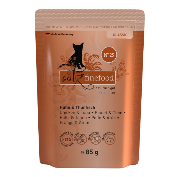 Catz finefood Classic Nr. 25, Katzenfutter, Huhn & Thunfisch, 85 g, getreidefrei, ohne Zuckerzusatz, ohne Tierversuche, Made in Germany.