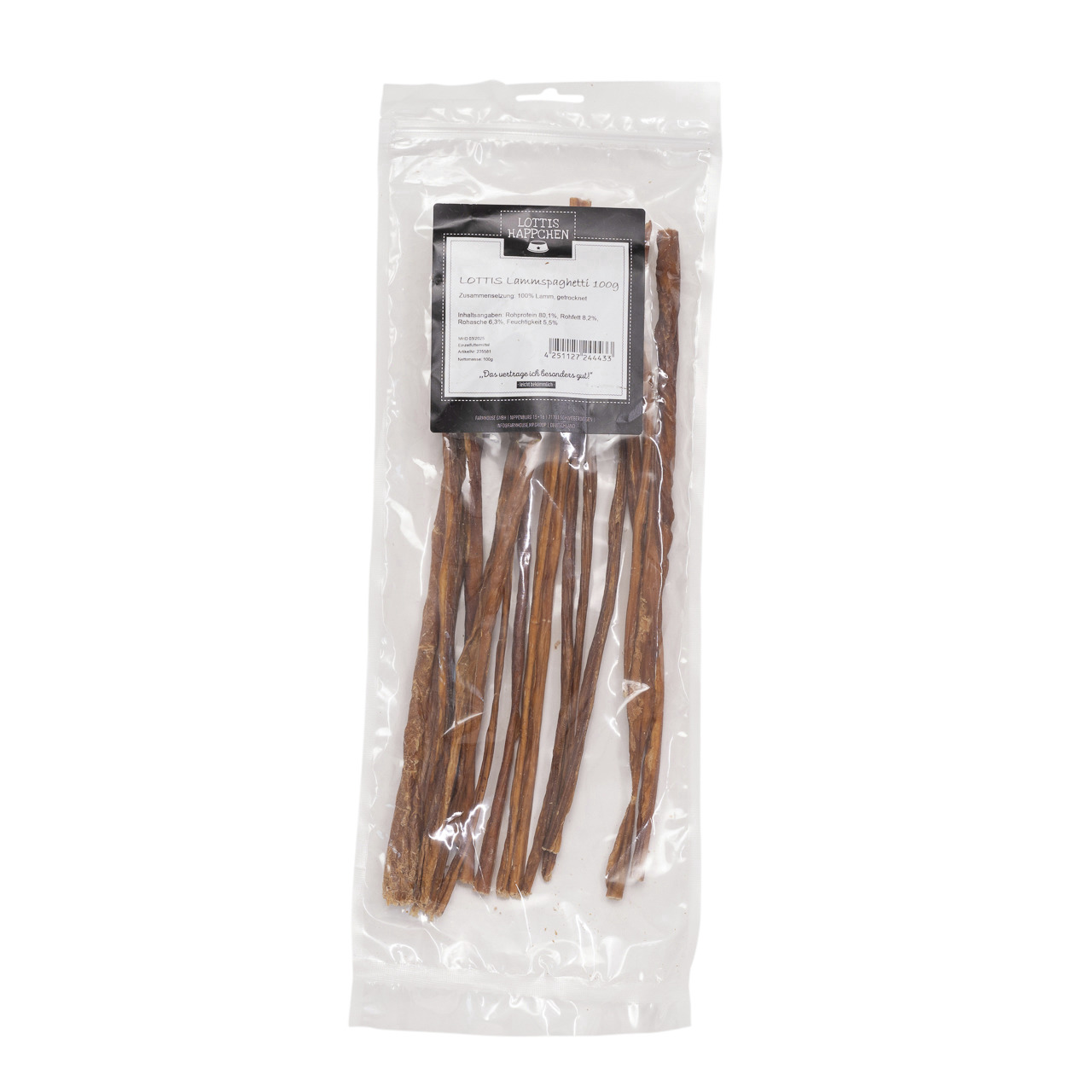 Lottis Häppchen Lammspaghetti 100g: Natürl. Kausnack f. Hunde, Geschmacksrichtg. Lamm, 100g getr. Lammstreifen.