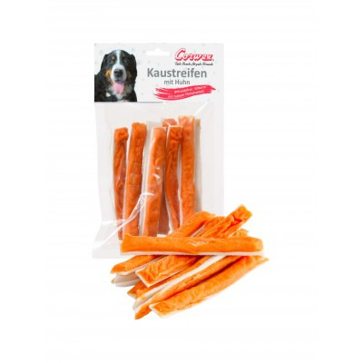 Das Bild zeigt eine Verpackung der Marke Corwex mit dem Produktnamen "Kaustreifen mit Huhn". Die Zielgruppe sind Hunde. Die Kaustreifen sind orangefarben und bestehen aus Hühnerfleisch. Die Verpackung enthält mehrere Streifen, die für eine gesunde Zahnpfl