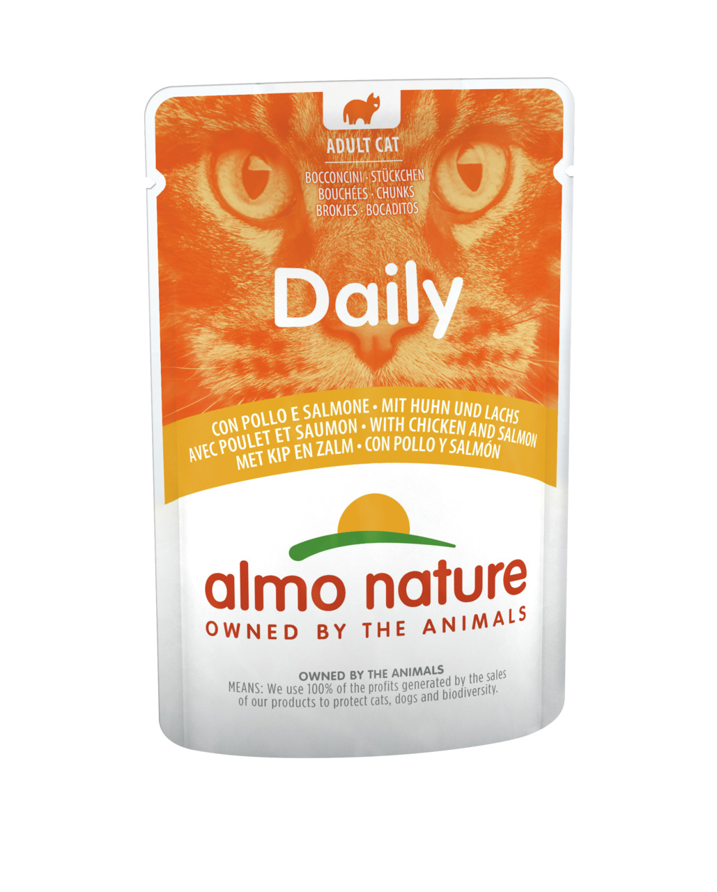 Almo Nature Daily, Katzenfutter für ausgewachsene Katzen, Huhn & Lachs, 85 g, 100 % Gewinne für Tier- & Biodiversitätsschutz.