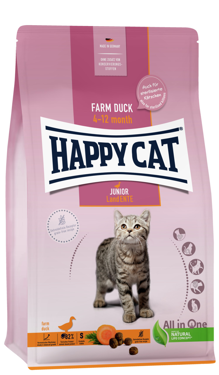 Sparpaket HAPPY CAT Supreme Young Junior Land-Ente 2 x 4 Kilogramm Katzentrockenfutter