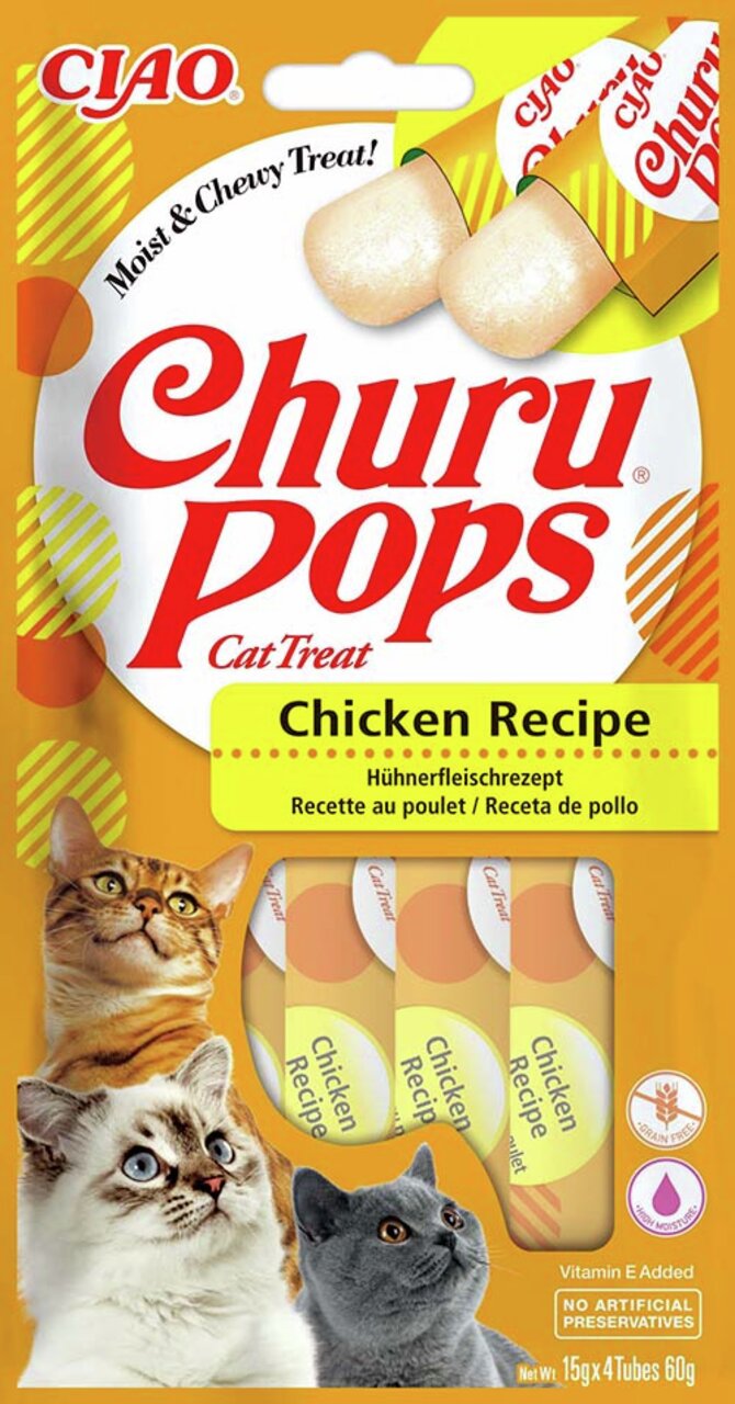 CIAO Churu Pops Cat Treats, Huhn, für Katzen, feuchte Sticks mit Hühnergeschmack, glutenfrei, Vitamin E, 4x15g, ohne Konservierungsstoffe.