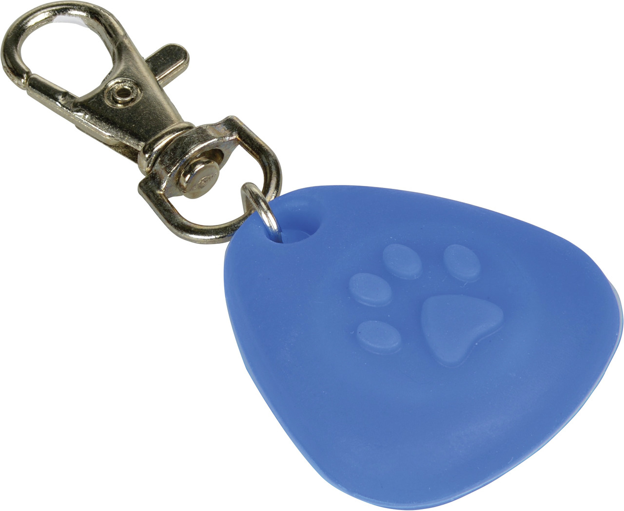 Das Bild zeigt den AniOne LED-Anhänger für Haustiere in Blau. Der Anhänger ist für Hunde und Katzen geeignet und dient der Sicherheit bei Dunkelheit. Er besteht aus einem dreieckigen, blauen Kunststoff mit einer Pfotenprägung und einem stabilen Metallkara