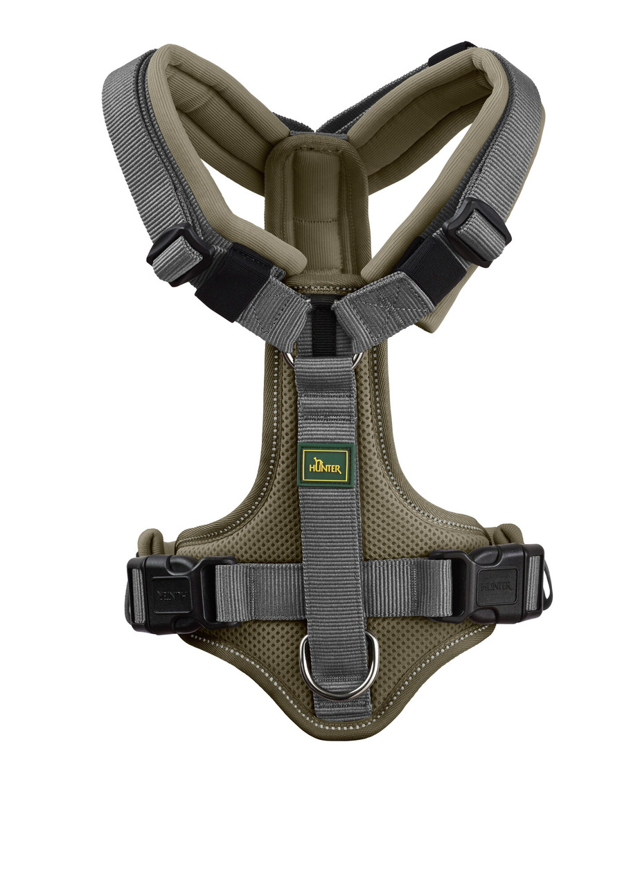 HUNTER Hundegeschirr Hilo Comfort, olivgrün, für Hunde, atmungsaktives Mesh, gepolsterte & verstellbare Gurte, Klickverschlüsse, Metallring.