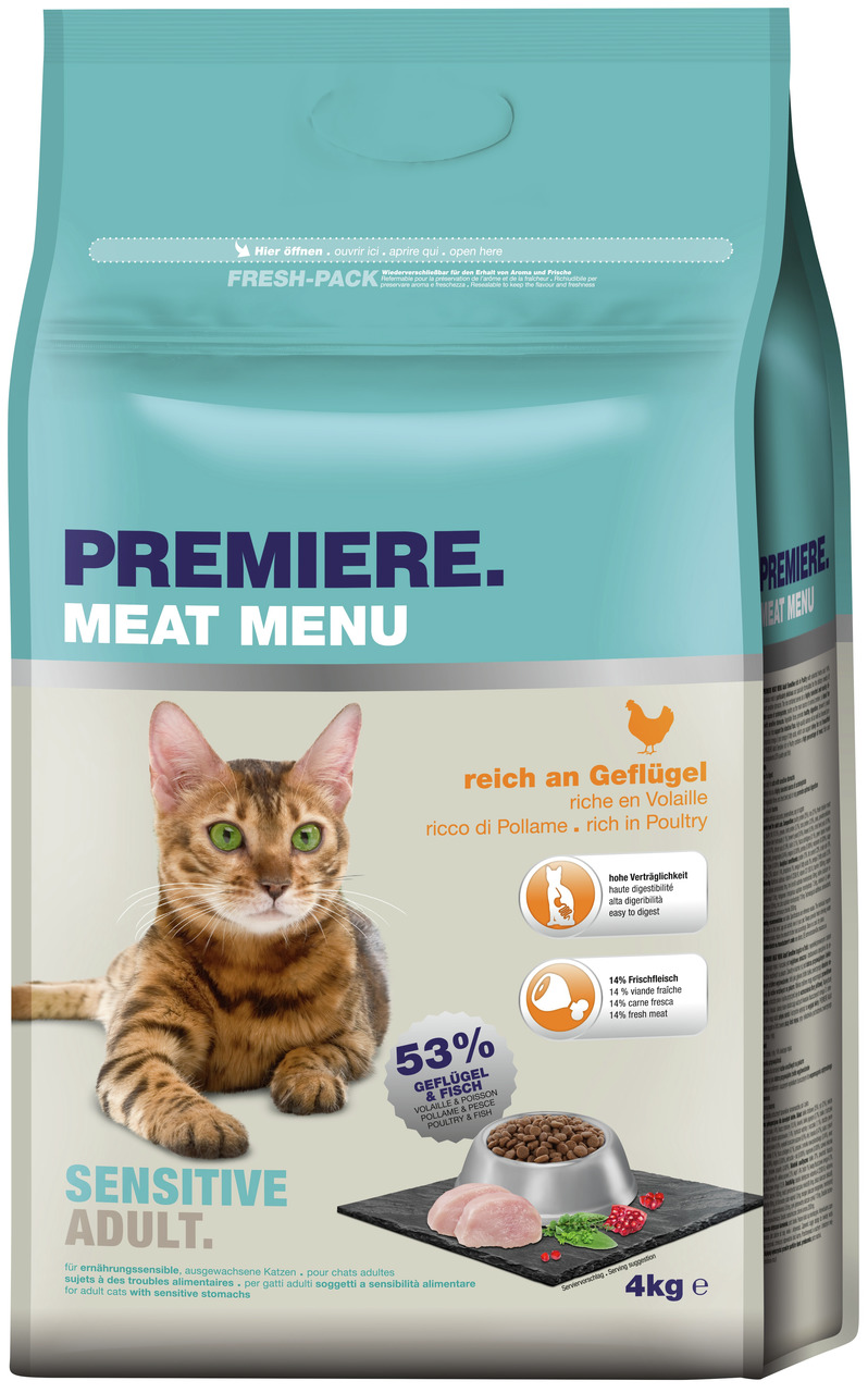 PREMIERE Meat Menu Sensitive Adult, 4 kg, für ausgewachsene Katzen mit empfindl. Magen, Geflügel, 53 % Geflügel & Fisch, leicht verdaulich.