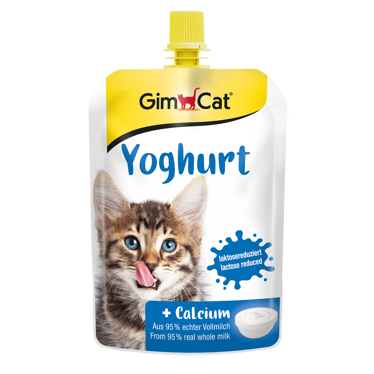 GimCat Yoghurt für Katzen, laktosereduziert, 95 % Vollmilch, mit Calcium, 125 g, Kätzchenmotiv, lecker & gesund.