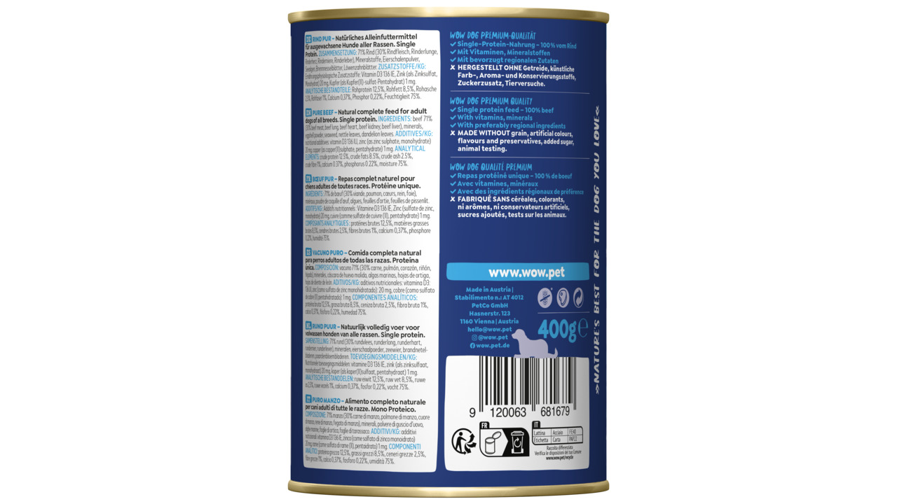 Das Bild zeigt eine blaue Dose des Hundefutters "WOW DOG" in der Sorte "100 % Rind". Es handelt sich um ein Alleinfuttermittel für ausgewachsene Hunde aller Rassen. Die Dose enthält 400 g und ist frei von Getreide, künstlichen Farb- und Aromastoffen sowie