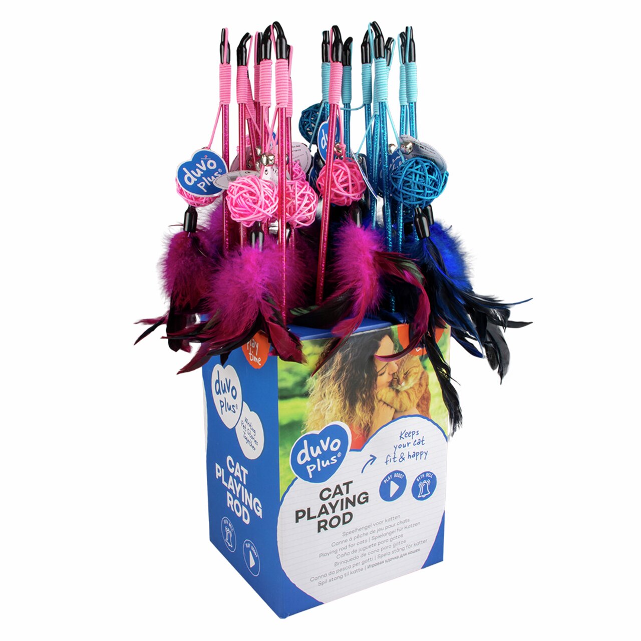 Duvo+ Katzenspielangel, für Katzen, mit Federn und Spielbällen, hält Katzen aktiv und glücklich, verschiedene Farben, 1 Stück.