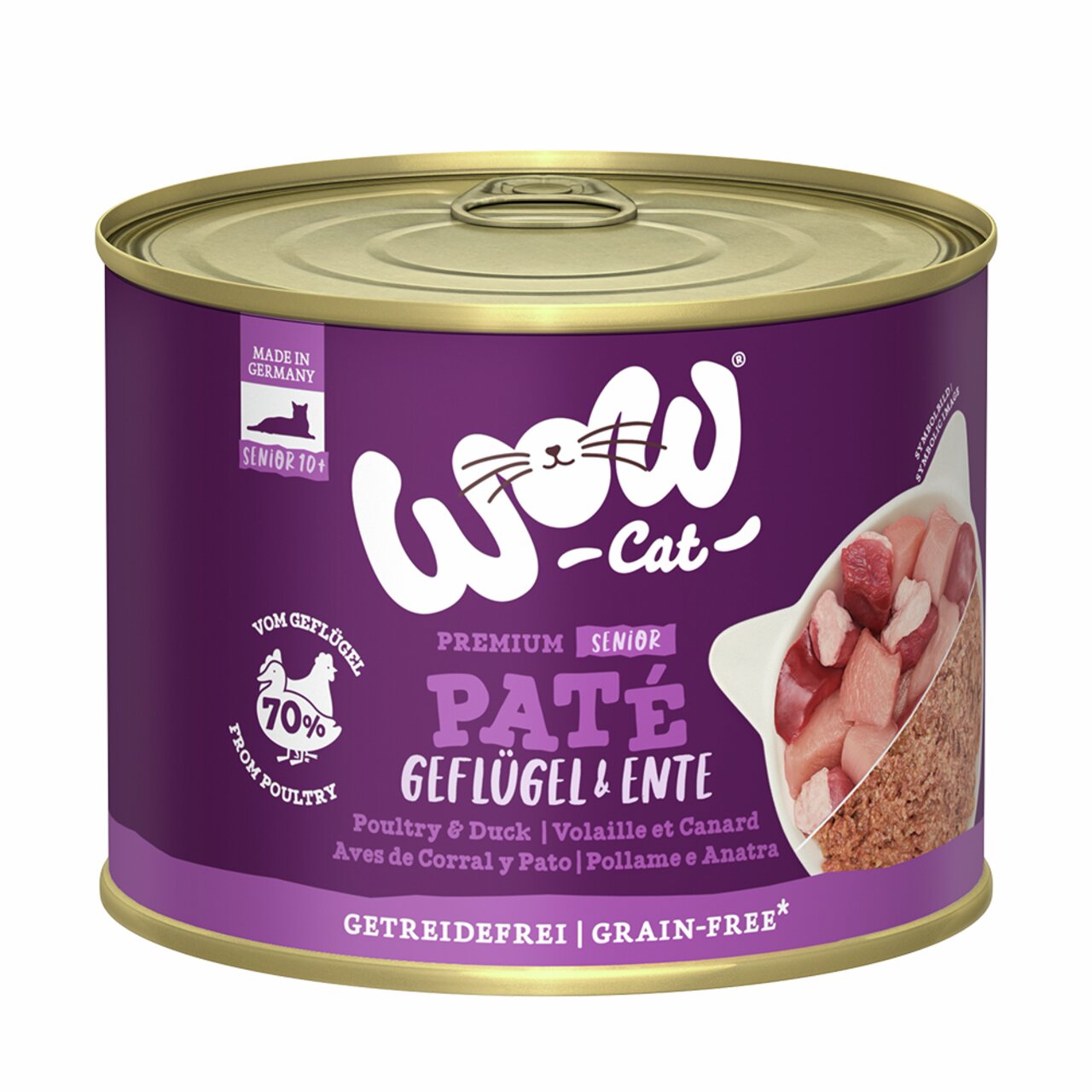 WOW CAT Premium Senior Paté Geflügel & Ente, für ältere Katzen, getreidefrei, mit 70 % Geflügel, 400 g.