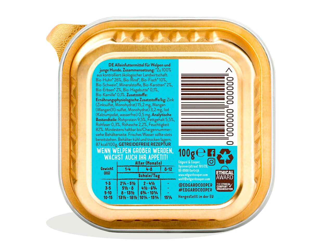 Edgard & Cooper Hundefutter für Welpen-junge Hunde, getreidefrei, Bio-Huhn-Rind-Fisch, 100 g, nachhaltig & umweltfreundlich.
