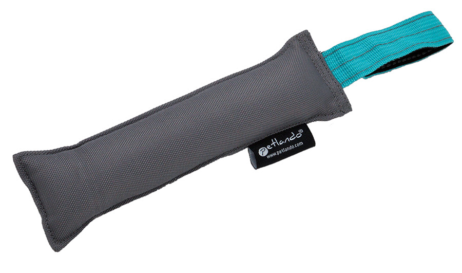 Petlando Hundespielzeug Dummy, robustes Trainingsspielzeug für Hunde, grau mit türkis Schlaufe, fördert Apportier- & Beißübungen.