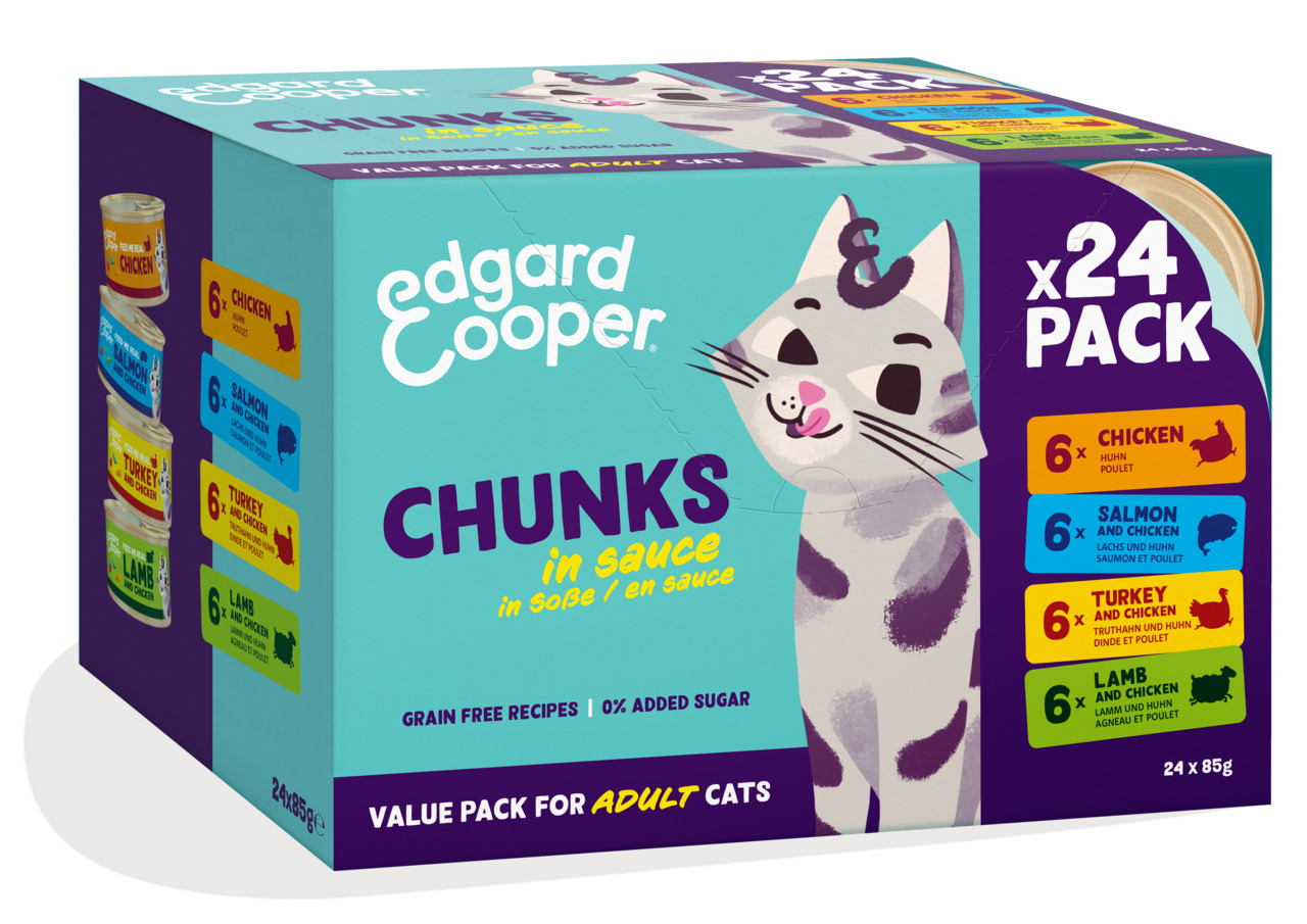 Edgard & Cooper Chunks in Sauce, Katzenfutter, erwachsene Katzen, Huhn/Lachs/Truthahn/Lamm+Huhn, getreidefrei, 24x85g, ohne Zucker.