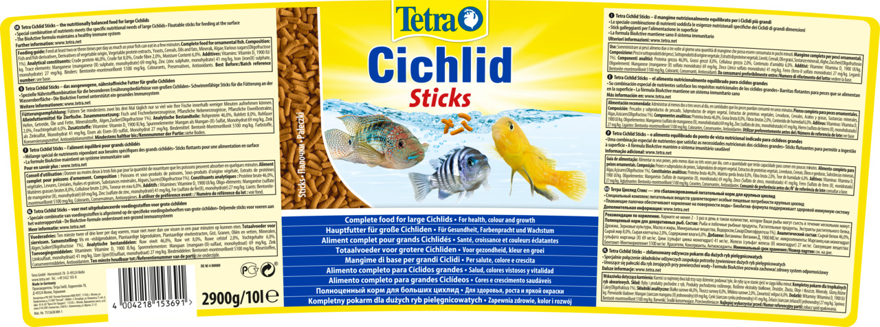 Tetra Cichlid Sticks, Hauptfutter für große Cichliden, 2900 g (10 l), fördert Gesundheit, Farbe & Wachstum, für Aquarienfische.