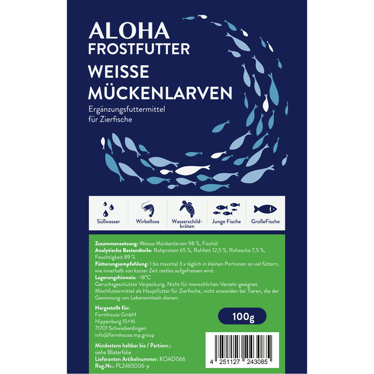 ALOHA Frostfutter Weiße Mückenlarven, 100 g, für Süßwasserfische, Wirbellose, Wasserschildkröten, junge & große Fische, mit Fischöl.