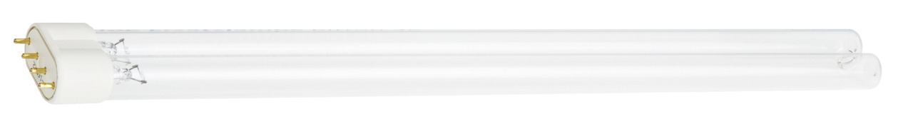 Oase Ersatzlampe, UVC-Lampe für Teichklärgeräte, zylindrisch, 2 Röhren, weißer Sockel, 4 goldene Kontakte, EAN 4010052554327.