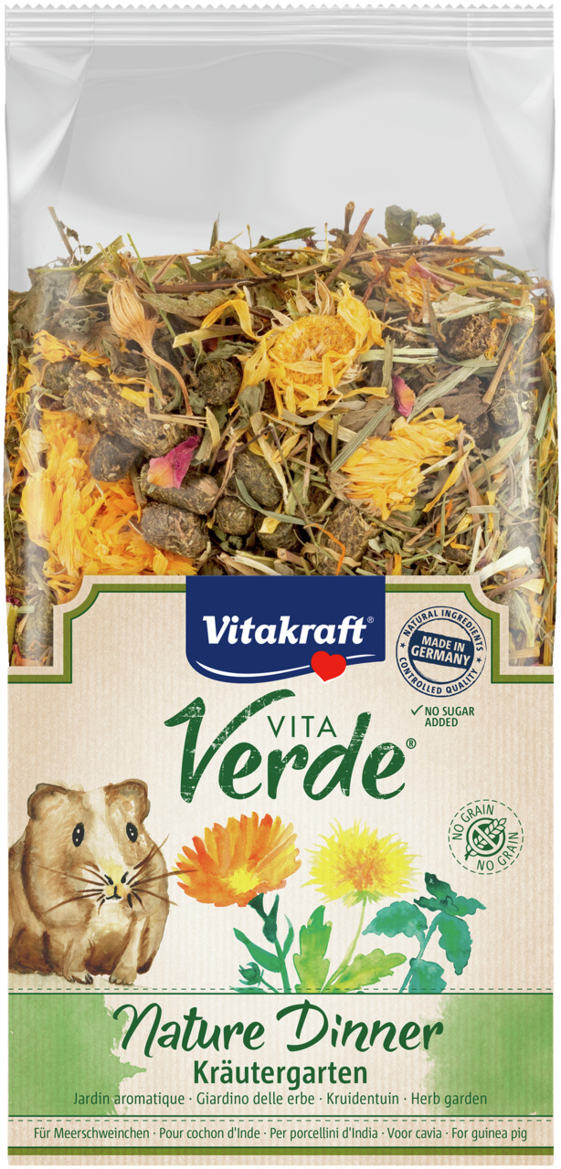 Vitakraft Vita Verde Nature Dinner Kräutergarten, getreidefreies Futter für Meerschweinchen, Kräuter & Blüten, 600 g, ohne Zuckerzusatz.