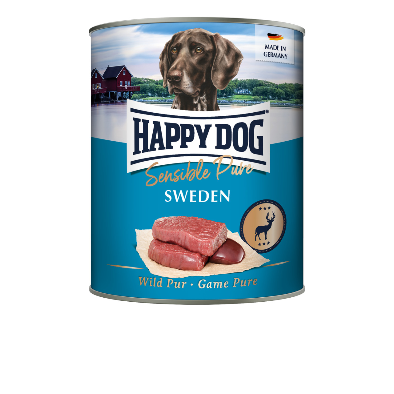 HAPPY DOG Sensible Pure Sweden, Wild Pur, für Hunde, Made in Germany, Dose mit Bild von rohem Wildfleisch.