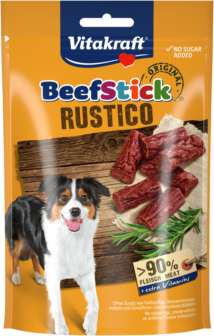Vitakraft Beef Stick Rustico, Hundesnack, Fleisch, über 90 % Fleisch, mit Vitaminen, ohne Zuckerzusatz.