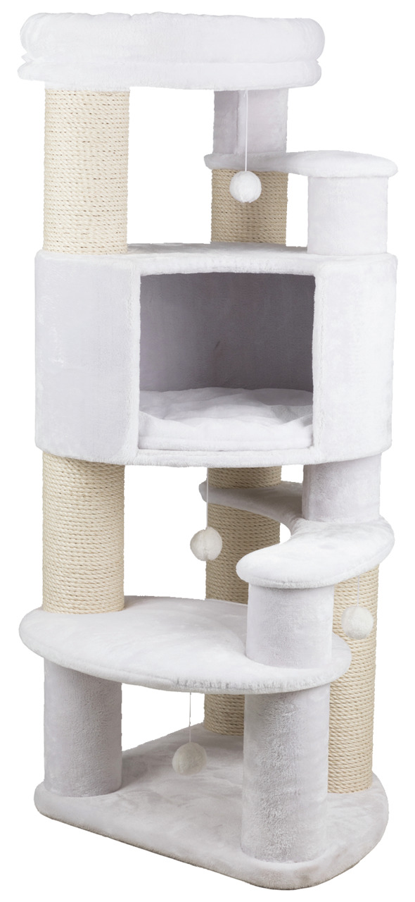 Kratzbaum von TRIXIE, Modell für Katzen, in elegantem Weiß. Ausgestattet mit mehreren Ebenen, Sisalstämmen zum Kratzen, einer Höhle zum Verstecken und weichen Liegeflächen. Inklusive Spielbällen für Unterhaltung. Ideal für Katzen jeden Alters. Maße und De