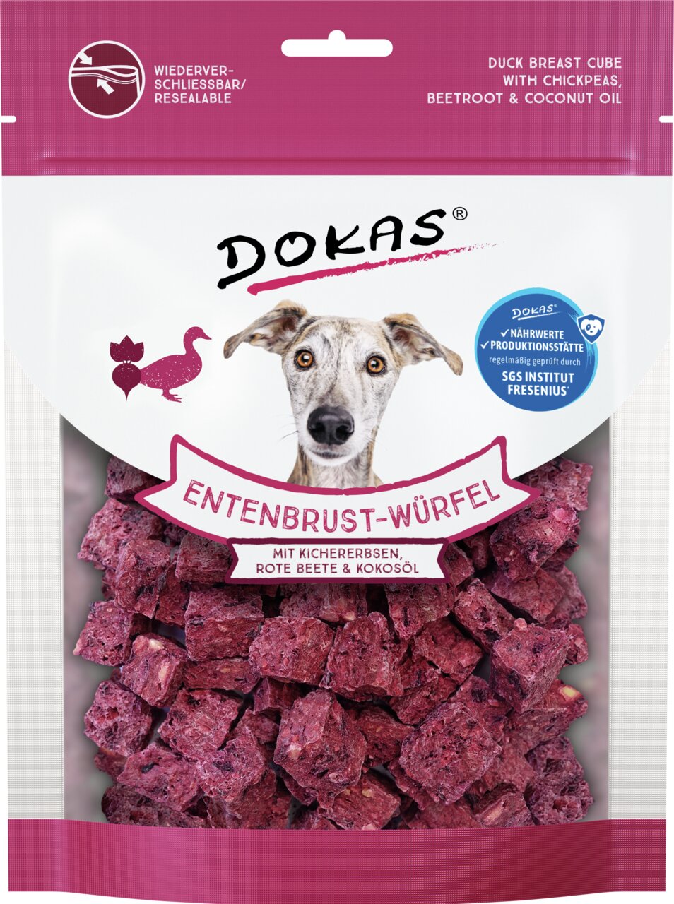 DOKAS Entenbrust-Würfel, Snack für Hunde, mit Kichererbsen, Roter Beete & Kokosöl, 70 g, hochwertig wiederverschließbar.