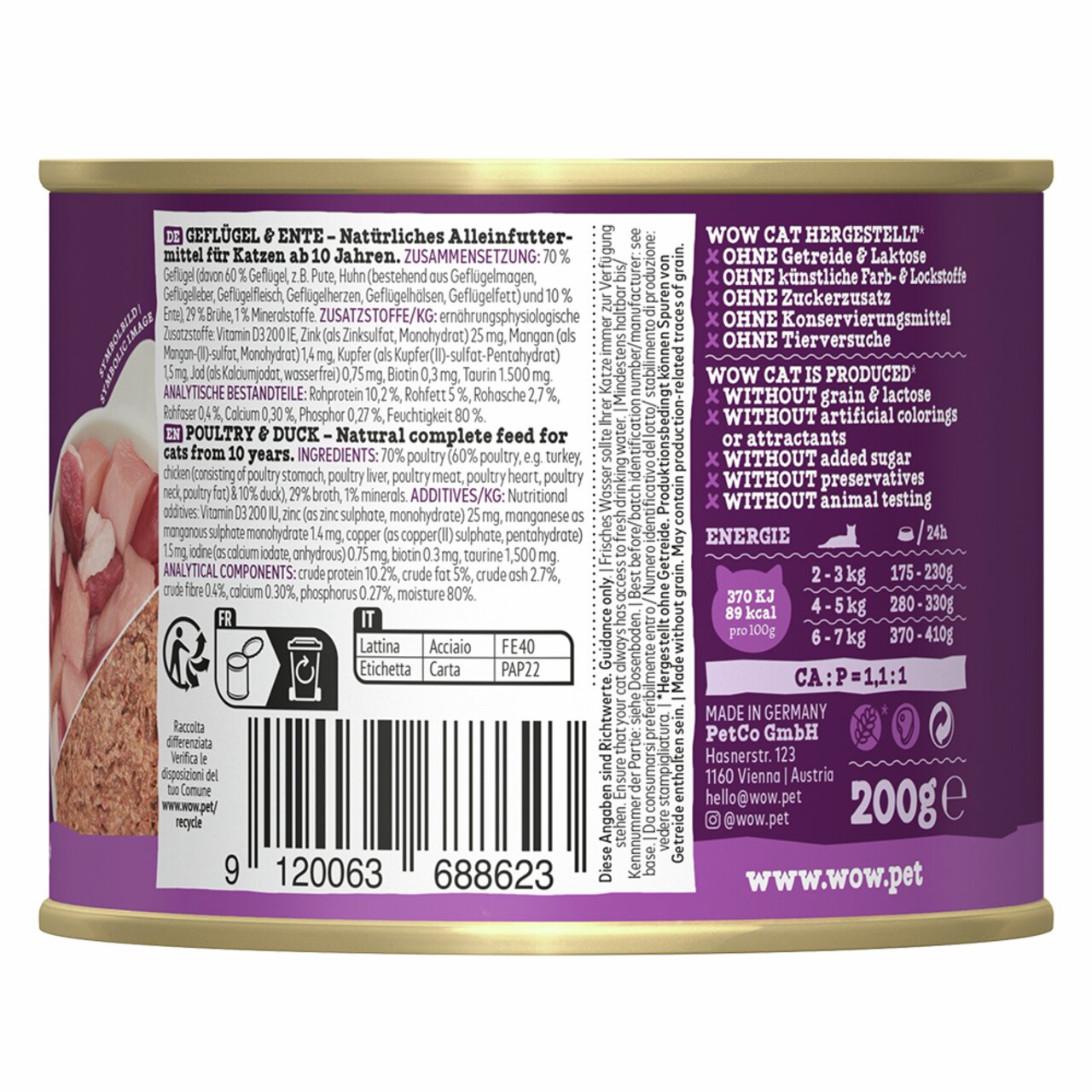 Dose mit WOW CAT Geflügel & Ente Nassfutter für Katzen, ohne Getreide, 200 g, ab 10 Jahren, natürliche Inhaltsstoffe, ohne Zusatzstoffe.