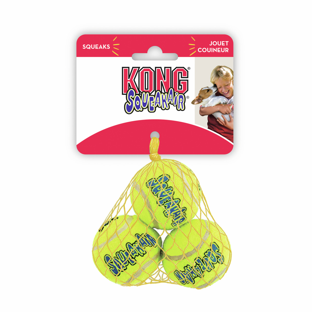 KONG SqueakAir Tennisball für Hunde, 3 gelbe Bälle im Netz, Tennisball+Quietschspielzeug, fördert aktives Spielen.